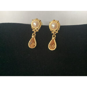 Elegant Simple Faux Pearl Gold Tone Drop Earrings W/Rhinestone Vintage Well Made